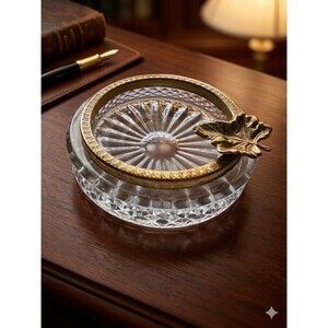 Vintage Ashtray French Crystal Glass With Brass Leaf  - 3.5’’